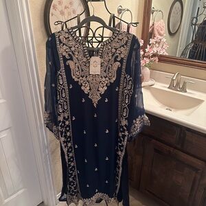 Elegant Navy Blue Embroidered Dress - Kurta Trouser - NWT